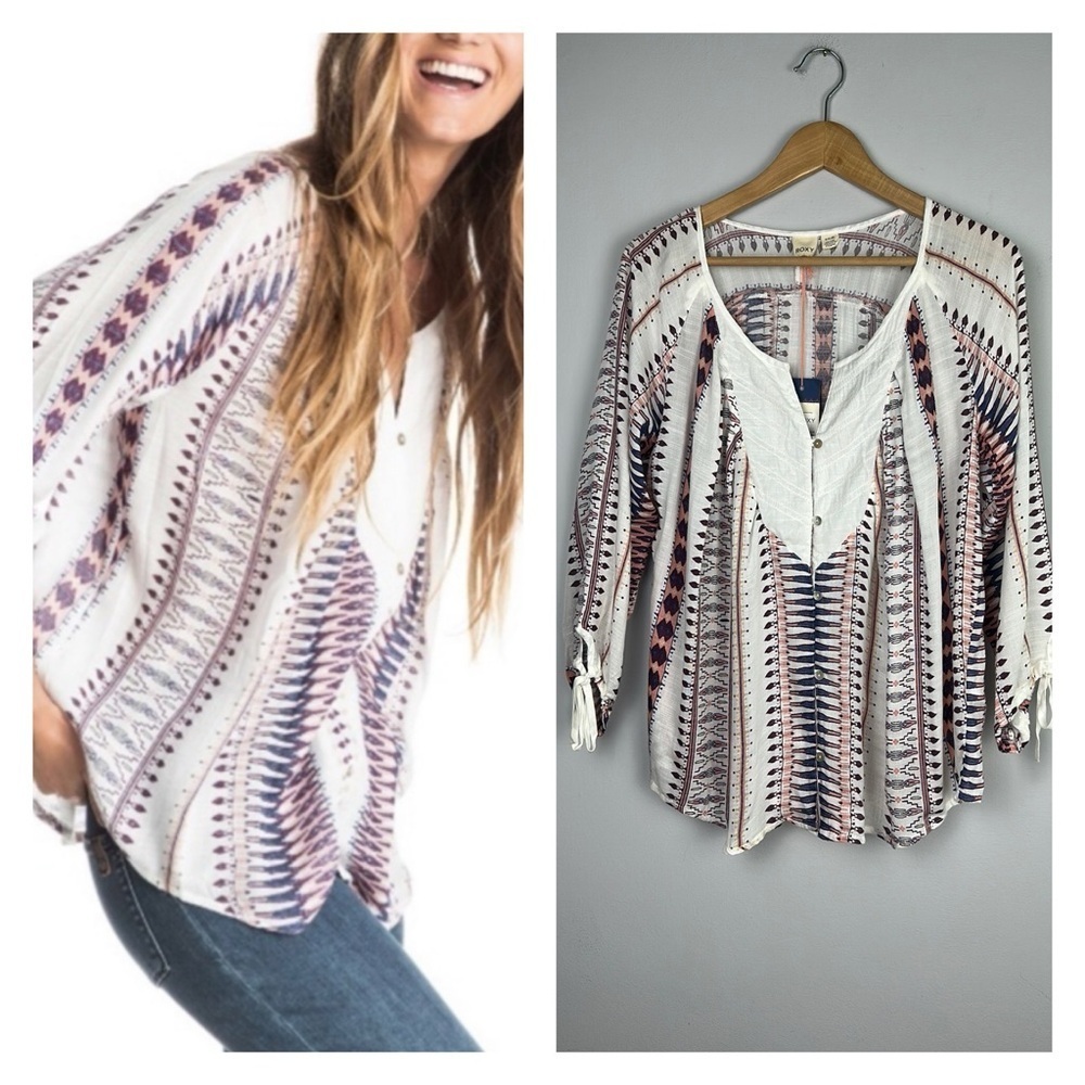 NEW Roxy “Uptown River” 3/4 Sleeve Blouse Printed Lace Lightweight Size S Top